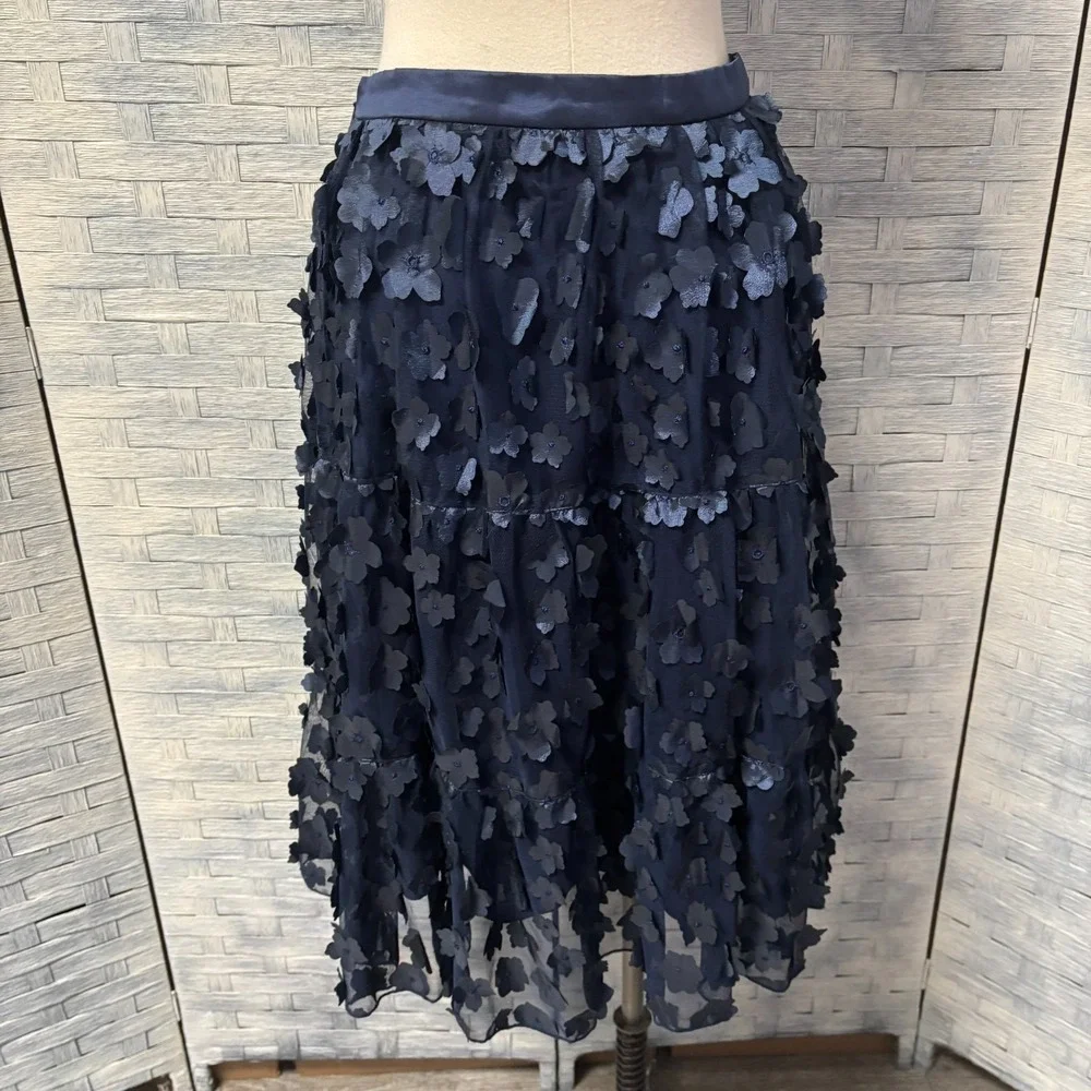 Eva‎ Franco Navy Blue Tiered Skirt Floral Applique Mesh Midi 6